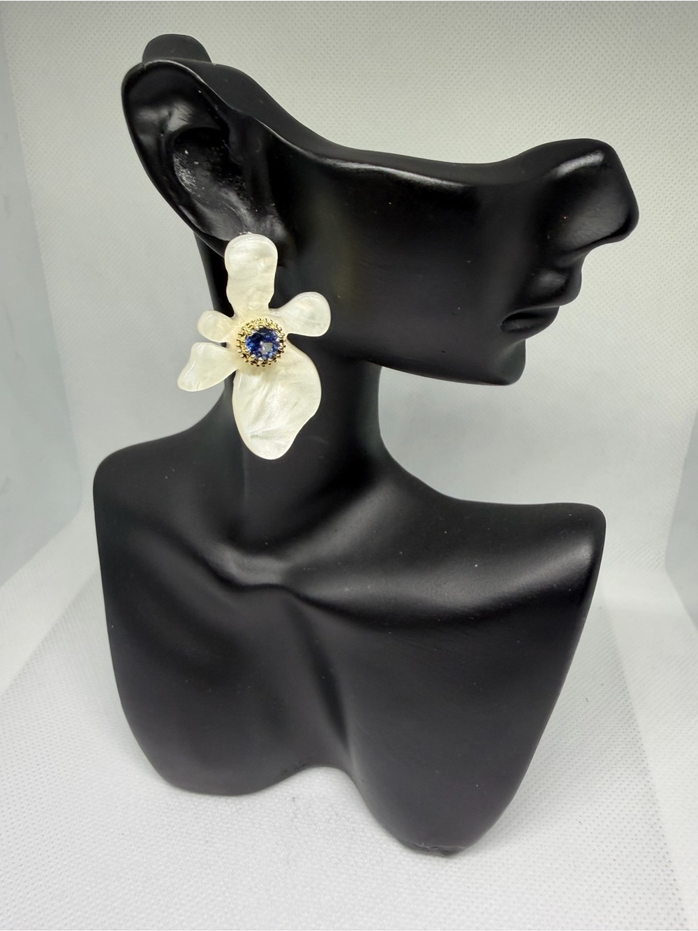 Pearl White Floral Statement Earrings with Blue Center